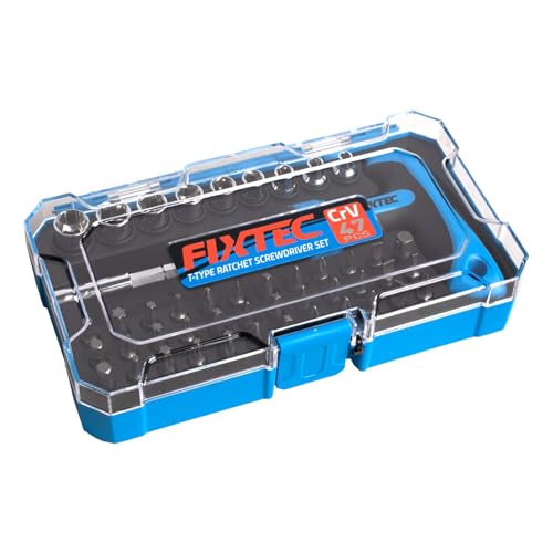 FIXTEC 47-Piece Ratcheting Screwdriver Sets and Ratchet Wrench, Magnetic T-Handle Home Repair Kit with Plastic Toolbox Storage Case