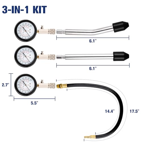 8 pcs Compression Tester Kit, Petrol Pressure Tester Range of 0-300 Psi Engine Compression Tester Kit for Automotive Cars and Motorcycles, Compression Tester Small Engine with Portable Storage Box
