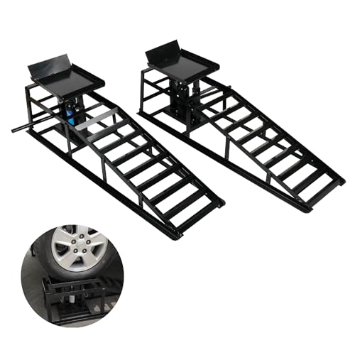 2 Pack 5T Low Profile Hydraulic Car Ramps, Black | Integrated Hydraulic Jack, Adjustable Lifting Height, High-Strength Steel, Ideal for Low Profile Vehicles, DIY Garage - size: 10000lbs/5T-Black