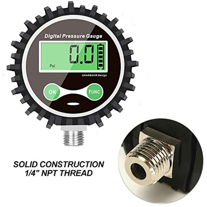 Uharbour Digital Air Pressure Gauge, Digital Pressure Gauge with 1/4'' NPT Bottom Connector and Rubber Protector, 5-200psi Digital Tire Gauge, Accuracy 1% .F.S. - size: 5-200PSI