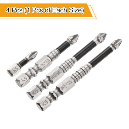 HARFINGTON 4pcs Impact Phillips Screwdriver Bit Set PH2 (#2) Anti Slip Tip 1/4" Hex Shank 1"/2"/2.6"/2.8" (25mm/50mm/65mm/70mm) Long Magnetic Cross Screw Driver Drill Bits - size: PH2 x 1"/2"/2.6"/2.8"