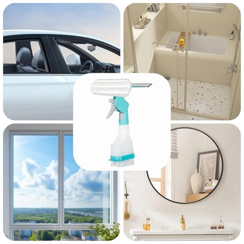 4 in 1 Window Cleaner Tool with Squeegee & Sprayer, 10" Streak-Free Scraper Kit with Microfiber Washer Head, Portable Multifunction Refillable Bottle for Glass/Shower/Car