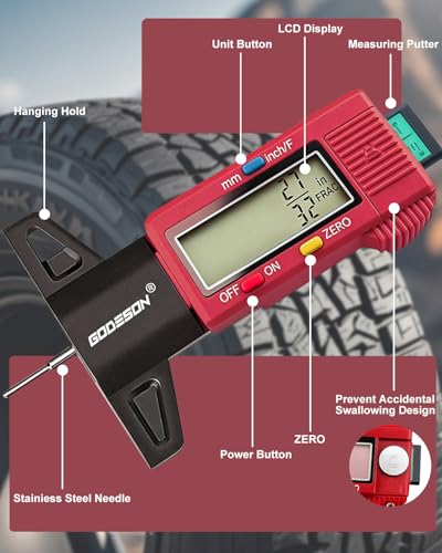 GODESON Tire Tread Depth Gauge, Digital Tire Thread Depth Gauge with 3 Modes-32NDS, 1 Inch and 25.4MM, Large Screen & Color Scale Code Easy to Read,Suitable for Motors, Cars, SUV (Red) - color: Red