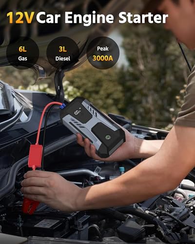 Car Jump Starter Portable 3000A 12V Car Engine Starter 6L Gas 3L Diesel, Supersafe Lithium Jump Box with USB Quick Charge, Jump Starter with Compass,Flashlight,LED Screen,Storage Box