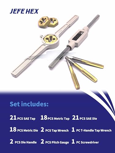 JEFE HEX 86pcs SAE & Metric Tap and Die Set for Coarse and Fine Threads, Creating or Repairing Internal Threads and External Threads with Storage Case - size: 86PCS