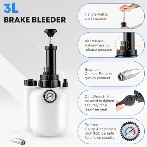 3L Brake Fluid Bleeder Kit with 1L Catch Bottle, Manual Pressure Brake Bleeder Tool One Person Brake Bleeding Kit with 4 Master Cylinder Adapters for Brake and Clutch System Flush