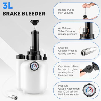 3L Brake Fluid Bleeder Kit with 1L Catch Bottle, Manual Pressure Brake Bleeder Tool One Person Brake Bleeding Kit with 4 Master Cylinder Adapters for Brake and Clutch System Flush