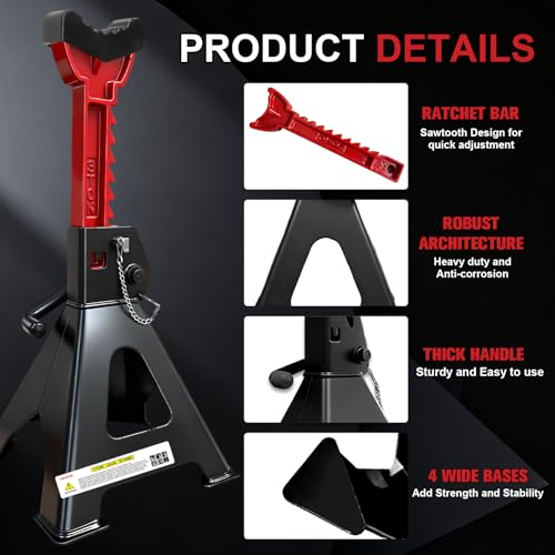 3 Ton Jack Stands (6,600 lbs) - Heavy Duty Car Jack Stand with Double Pin Locking, Adjustable 11.22"-16.54" Height, Extra Rubber Pads for Trucks, Garage, Home,DIY Use - 1 Pair Black+Red - color: Black+Red, size: 3 Ton Double Locking