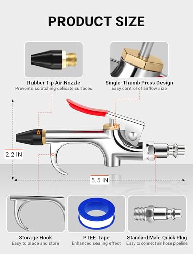 13 Pcs Air Nozzle Blow Gun Kit, 2-Way Connection Air Blower Gun with 1/4 IN Standard Quick Fitting & 8 Air Nozzles, Air Compressor Accessories for Dedusting, Inflation, Cleaning