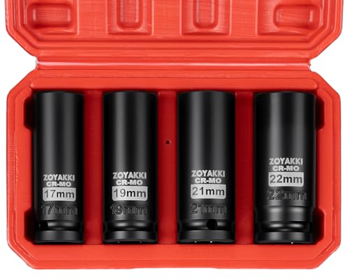 4 Pieces 1/2-Inch Drive Deep Impact Socket Set, (17-19-21-22mm), Metric Socket Set, 6 Point,with a Storage Cage - size: 1/2" Metric 4PC Set