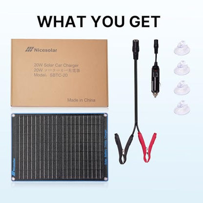 Nicesolar 20W 12V Solar Panel Car Battery Trickle Charger & Maintainer with Cigarette Lighter Plug & Alligator Clip & Battery Cable for Car Automotive Motorcycle Boat Marine Snowmobile Watercraft RV