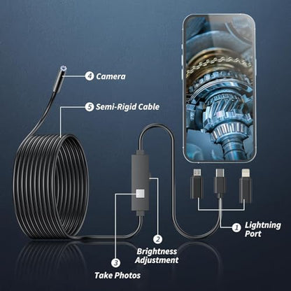 Endoscope Camera with Light,1920P HD Borescope Tools with 8 Adjustable LED Lights, Endoscope with Semi-Rigid Snake Camera, IP67 Waterproof Inspection Borescope for iOS and Android-32.8ft Single Lens - size: 32.8ft, style: Single lens