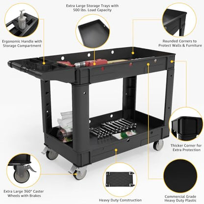 Our Modern Space Commercial Grade 2 Shelf Utility Cart with Wheels - Rolling Tool Trolley, Heavy Duty Service Push Cart for Business Warehouse Office Restaurants Ecommerce Garage