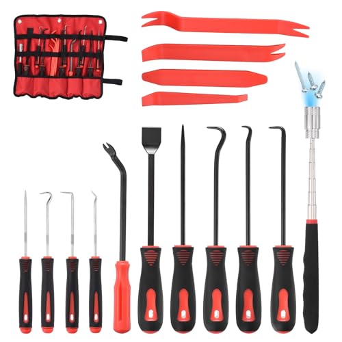 15Pcs Hook and Pick, Straight Head Magnetic Pickup Tool Plastic Pry Pieces Large Small Hook Short Pry Bar Gasket Scraper for Remove Hoses Gaskets Car Panel Fastener, Red - color: Red