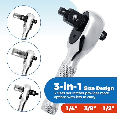 Der Erwachte 3-in-1 Stubby Ratchet Handle | 1/4 ", 3/8 ", 1/2" Drive Ratchet Wrench, 72-Tooth, Reversible Switch, Full-Polished Chrome Plating, Chromium Vanadium Steel - size: 3IN1 Stubby Ratchet