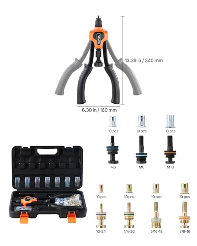 VEVOR Rivet Nut Tool Kit, 14-Inch Two-Handed Rivnut Tool Kit, with 7 Mandrels and 70 Nuts, Metric and SAE Size M6, M8, M10, 10-24, 1/4-20, 5/16-18, 3/8-16 UNC, with a Carrying Case, for Home, Auto - size: 14", style: RIVET NUT TOOL