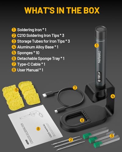 Nefeeko Cordless Soldering Iron Kit, Rechargeable Soldering Iron with Stand | 7s Fast Heating, Auto Sleep/Off, C210 Soldering Iron Tips, Portable Soldering Pen Soldering Gun Kit for Electronics Repair