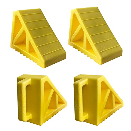 HOXWELL Wheel Chocks Premium, Heavy Duty Camper Vehicle Wedge Design with Black Rubber Bottom Chocks for Travel Trailers, Truck, Car, RV Yellow 4 Pcs - color: Yellow 4 pack