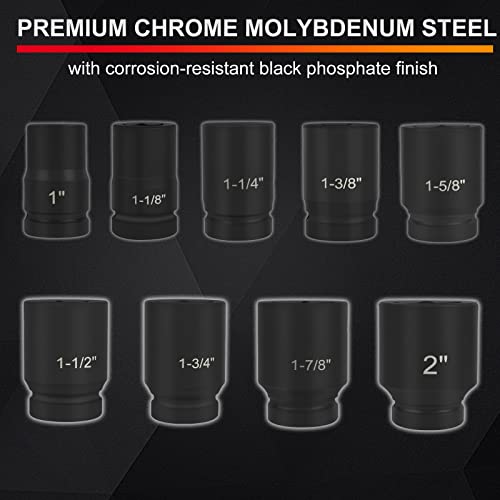 1 Inch Drive Deep Impact Socket Set, Cr-Mo 6-Point (1-Inch - 2-Inch) 9pc | Impact Socket Set with Heavy Duty Storage Case