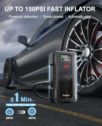 Jump Starter with Air Compressor, 4000A Car Battery Charger Jump Box | Portable 150 PSI Tire Inflator and Battery Jumper, 12V Booster Power Pack(9.0L Gas/7.5L Diesel) with Jumper Cable - color: Black