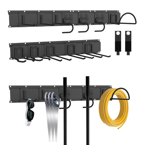 Garage Tool Organizer Wall Mount, Easy to 64inch Install Heavy-Duty Garage Storage System with 12 Adjustable Hooks, Garden Tool Rack for Shovels, Rakes, Yard Tools - size: 64" System - 12 Piece Set
