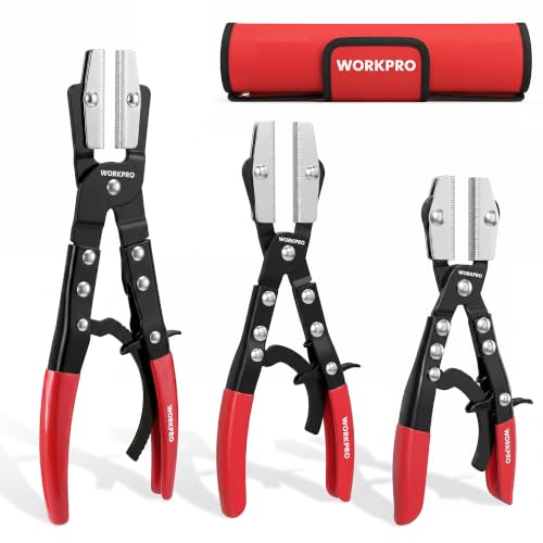 WORKPRO 3-Piece Ratcheting Hose Pinch Off Pliers Set, 8", 10", 12" Pliers | Locking Hose Clamp Pliers with Storage Bag, Ergonomic Grip - for Radiator, Coolant, Automotive, Fuel Lines - color: Red