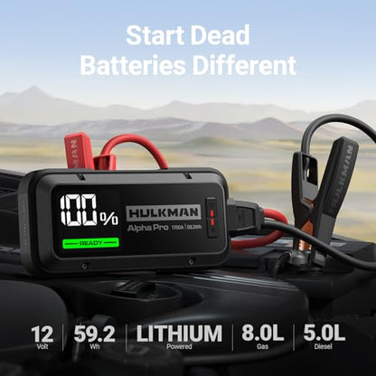 Hulkman Alpha Pro 1750A Jump Starter, 59.2Wh High-Capacity Car Battery Jump Starter, PD65W Fast Charging in & Out, 3.3" Smart Display Jump Box, 12V Jump Pack for 8.0L Gas/5.0L Diesel, Solid Black - style: 1750A · Up to 8.0L Gas