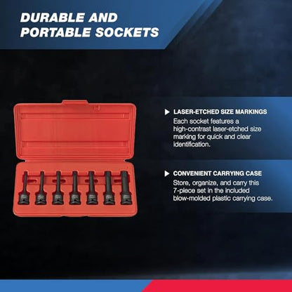 NEIKO 01130B 3/8" Drive Allen Socket Set, 7 Piece, 3 Inch, 3/8” Impact Hex Bit Socket Set, Metric Hex Driver 4 mm to 12 mm, Chrome-Moly Cr-Mo Impact Grade - style: Metric