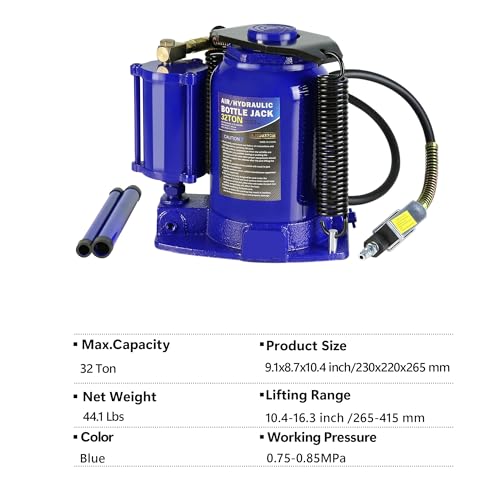 Air Hydraulic Bottle Jack, 32 Ton All Welded Bottle Jack, Air-Operated Low Profile Bottle Jack with Handle, Lifting 10.4-16.3", Bottle Jack for Sedans SUV Travel Trailer Minivan Bus RV Blue - size: 32 T-Blue
