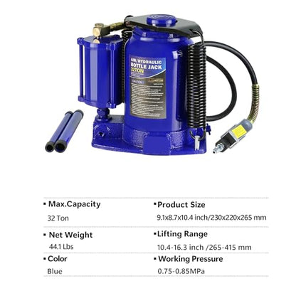 32 Ton Air Hydraulic Bottle Jack with Manual Hand Pump, Heavy Duty Auto Truck Travel Trailer Repair Lift for Pickup Truck, RV, Auto Repair, Industrial Engineering and Heavy Equipment (Blue) - color: Blue, size: 32 Ton
