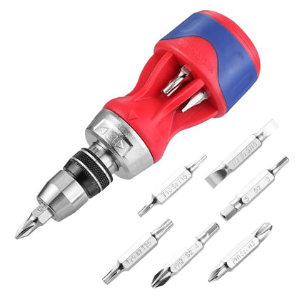 WORKPRO 12-in-1 Stubby Ratcheting Multi-bit Screwdriver, Short Screw Drivers with Magnetic, Quick-load Mechanism, Premium S2 Steel, Small Screwdriver with Double End Bits in Handle - size: Stubby