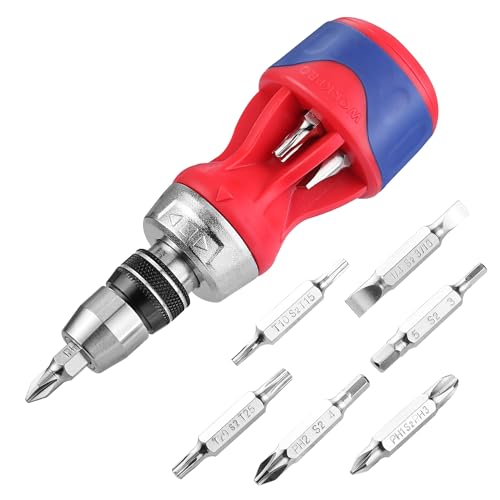 WORKPRO 12-in-1 Stubby Ratcheting Multi-bit Screwdriver, Short Screw Drivers with Magnetic, Quick-load Mechanism, Premium S2 Steel, Small Screwdriver with Double End Bits in Handle - size: Stubby