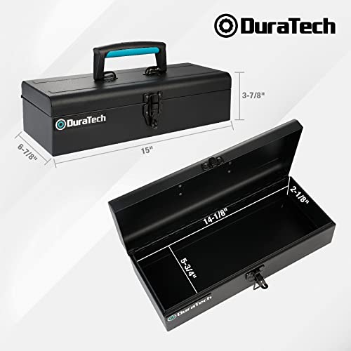 DURATECH Metal Tool Box, 15" Portable Steel Tool Box with Metal Latch Closure & Plastic Handle, Anti-slip Base, Multi-Purpose Heavy Duty, Black