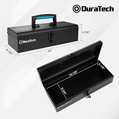 DURATECH Metal Tool Box, 15" Portable Steel Tool Box with Metal Latch Closure & Plastic Handle, Anti-slip Base, Multi-Purpose Heavy Duty, Black