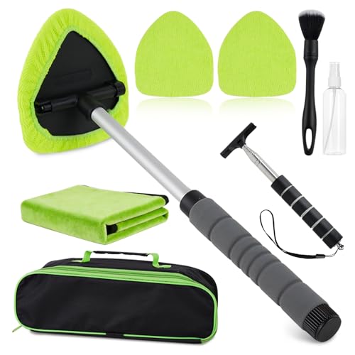 7PCS Windshield Cleaner Tool, Car Windshield Cleaner Tool+Side Mirror Squeegee +3 Microfiber Pads+100ml Spray Bottle+1 Detailing Brush,12-19inches Extendable Handle,180° Rotation