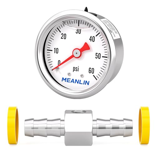 MEANLIN MEASURE 0-60Psi Stainless Steel Glycerin Filled Pressure Gauge 1/8" NPT 1.5" FACE DIAL, with 3/8" Barb Pressure Adapter Liquid Filled Pressure Gauge (9Pieces Kit, Back Mount) - size: 0-60Psi