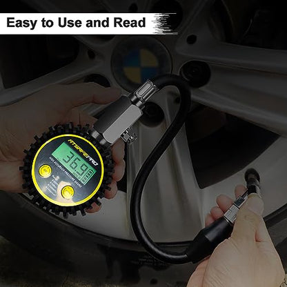 Digital Tire Pressure Gauge,ATsafepro Tire Pressure Gauge with Flexible Hose and Angled Chuck, Tire Pressure Gauge for Cars,Air Pressure Gauge - Professional Accuracy - 200 PSI