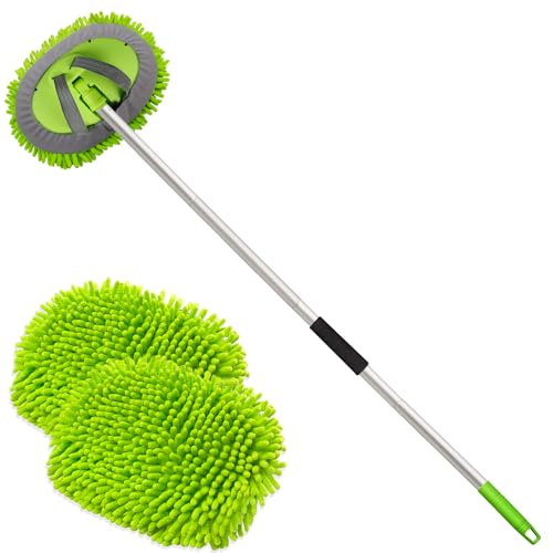 anngrowy 62" Microfiber Car Wash Brush Mop Kit Mitt Sponge with Long Handle Car Cleaning Supplies Kit Duster Washing Car Tools Accessories, 1 Chenille Scratch-Free Replacement Head Aluminum Alloy Pole - color: Green