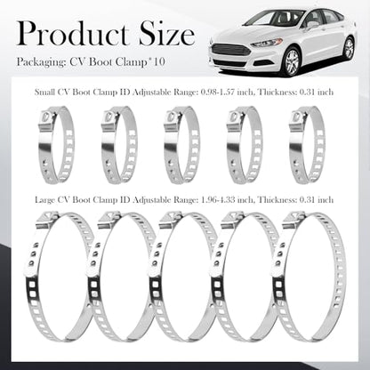 10PCS CV Boot Clamp Tool Kit Stainless Steel,Adjustable CV Axle Boot Clamp Kit with Hose Clamps Small & Large,Universal Tie Rod Boots Clamps CVS Boots Repair Kits for Cars,SUVs