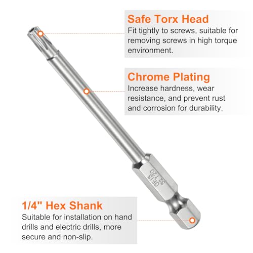 HARFINGTON 2pcs T20 Security Torx Bit 1/4" Hex Shank 3" Long S2 Steel Magnetic Tamper Resistant Star Bits Screwdriver Torx Head with Hole for Driver Drill Bits Remove Fastening Screws - size: T20