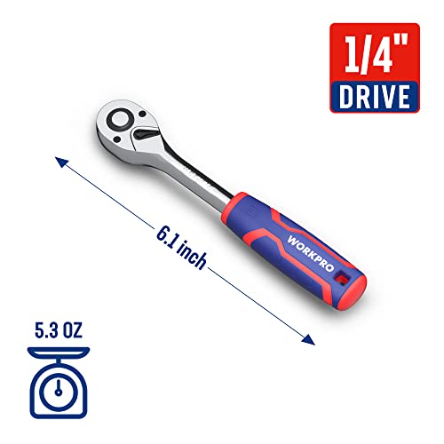 WORKPRO 1/4" Drive Ratchet Wrench, 72-Tooth Reversible | Quick-Release, CR-MO Head, Chrome Plated Finish, Ergonomic Non-Slip Handle - size: 1/4"