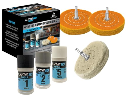 LINE10 Tools Metal Buffing Polishing Kit for Drill 4" Buffing Wheels, 3-Step Polishing Compound for Aluminum, Chrome, Stainless Steel Perfect for Auto Wheel, Rim, Trim, Jewelry, Golf Club Restoration