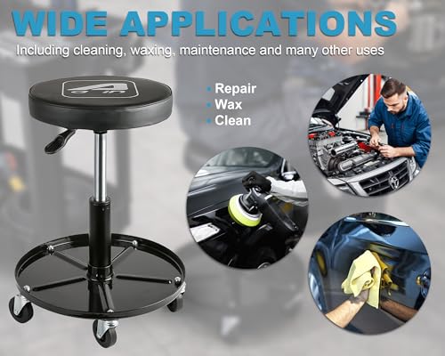 A A IN LT2A Heavy-Duty Adjustable Mechanic's Roller Seat Adjustable Rolling Stool with Wheels & Tool Tray Black