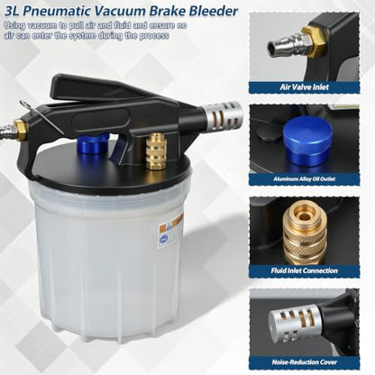 PARAROSE 3L Pneumatic Brake Bleeder Vacuum Pump Kit, One-Person Operation | 2L Fluid Extractor, 1L Refill Bottle, 17 Adapters, 60-Inch Hoses, Safety Relief Valve, for Cars, SUVs, Trucks