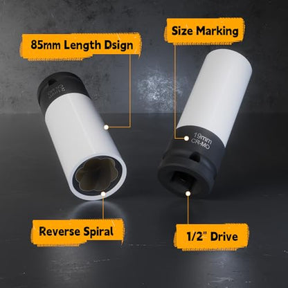 1/2" Drive Impact Twist Socket Set & Bolt Extractor Set, 3PCS 17/19/21MM Non-Marring Thin Wall Impact Sockets, Medium-Length Deep Wheel Protector Socket Set, CR-MO Lug Nut Remover