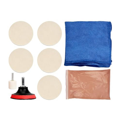 9PCS Car Glass Polishing Kit, Vehicle Windscreen Scratch Remover Set with 100g Cerium Oxide Powder Felt Buffing Pad, Automotive Glass Window Scratch Repair Kit, Universal Fit