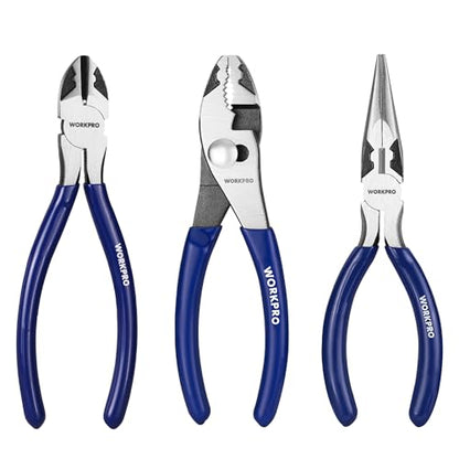WORKPRO Pliers Set, 3-Piece Professional Pliers Tool Kit – 6" Needle Nose Plier, 6" Slip Joint Plier & 6" Diagonal Plier, Soft Grip Handles for Home DIY & Electrical Work