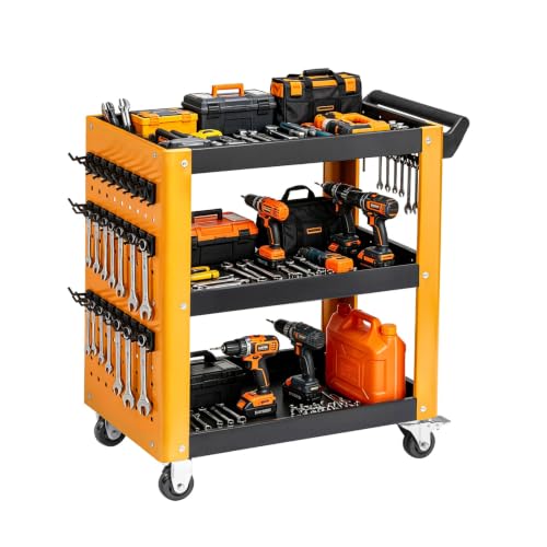 3 Tier Rolling Tool Cart on Wheels, 1000 LBS Metal Rolling Cart, Yellow | Utility Cart With Two Lockable Universal Wheels, Mechanic Cart for Mechanic, Warehouse, Garage, Workshop - color: 3-tier Yellow