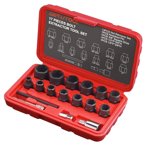 GETLITOOL 17Pcs Impact Bolt Extractor Tool Set, 42CR-MO Impact Bolt & Nut Remover Set with Storage Case, Nut Extractor Socket with Adapter for Car Repair, Machine Maintenance, Tools for Men's Gift
