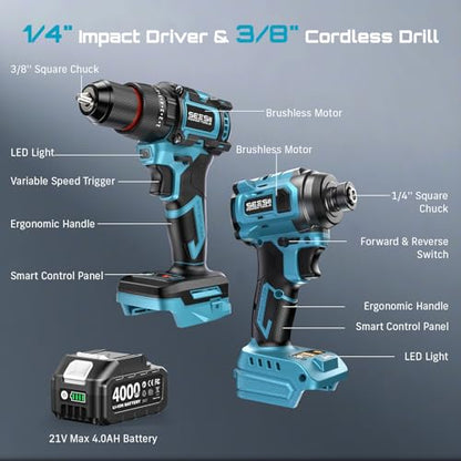 SEESII 21V Max Cordless Drill and Impact Driver, Power Tool Combo Kit Included 3/8'' Drill & 1/4'' Impact Driver, 2x 4000mAh Battery, Fast Charger, 20 pcs Driver Bit Set & Bag - color: Blue 21